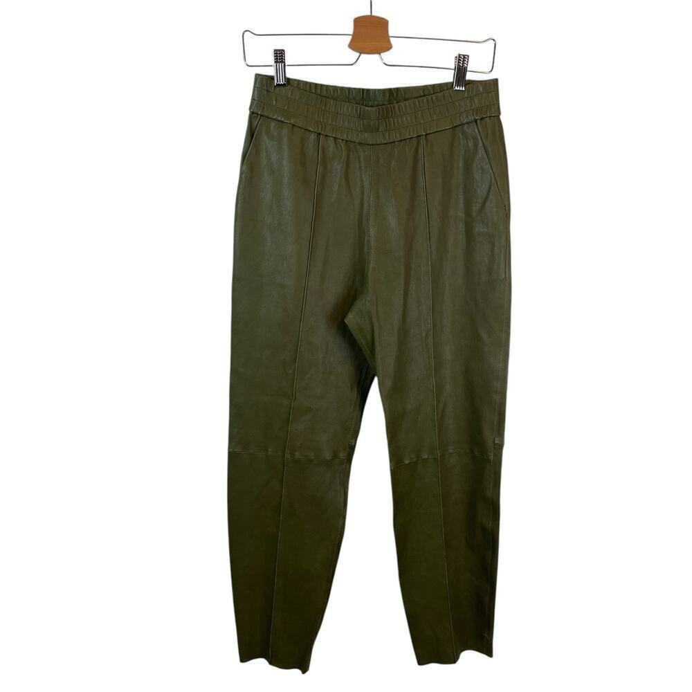 NWT SPRWMN 100% Leather Slim Jogger Cropped Pants Pockets Sage Sz Medium